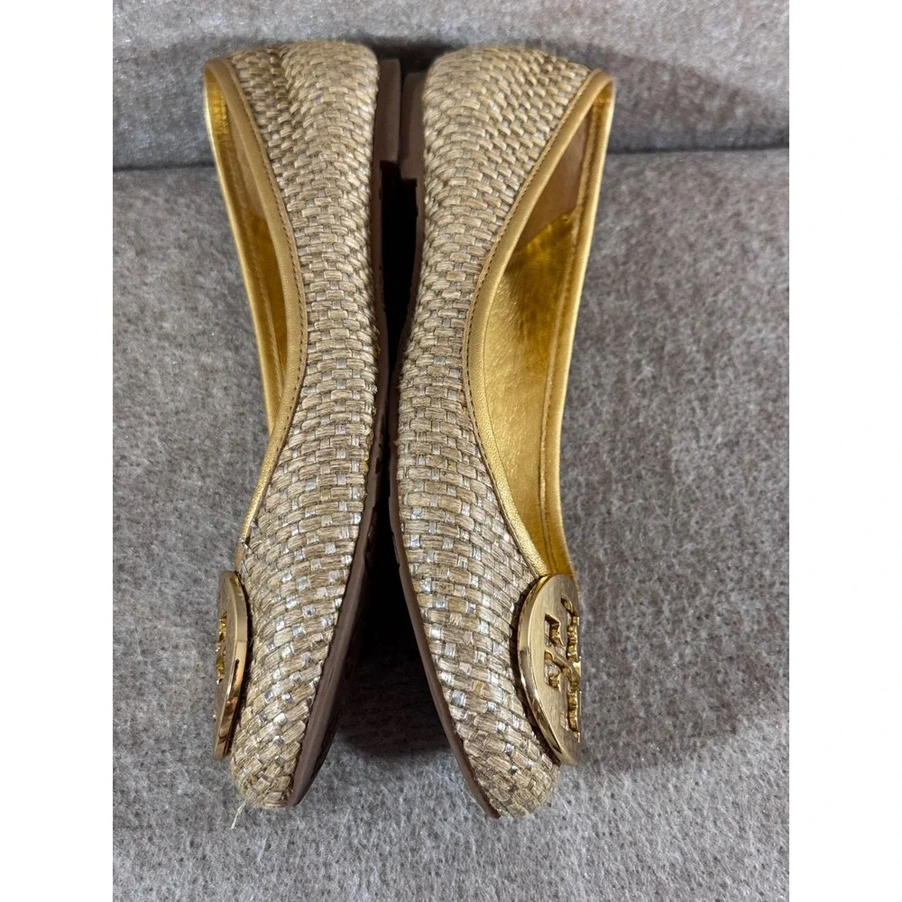 Tory Burch Reva Ballet Flats Womens 7M Gold Woven Raffia Logo Medallion Preppy